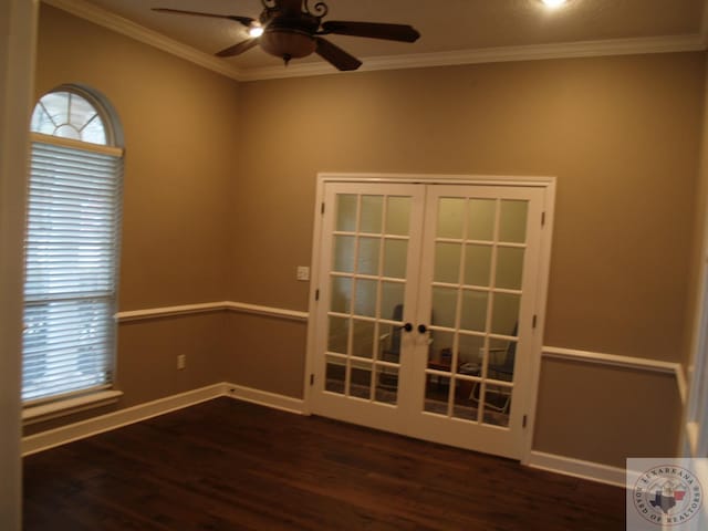 7311 Shilling Cir, Texarkana, TX 75503 - unfurnished room with french doors, wood finished floors, ornamental molding, a ceiling fan, and baseboards