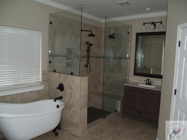 7311 Shilling Cir, Texarkana, TX 75503 - bathroom featuring a walk in shower, a soaking tub, vanity, and ornamental molding