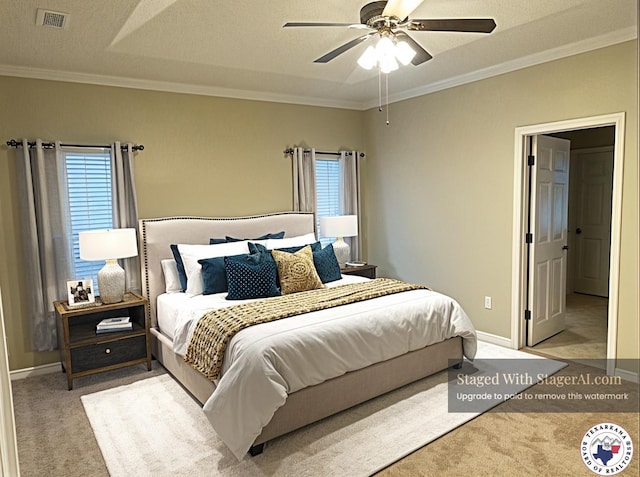 7311 Shilling Cir, Texarkana, TX 75503 - carpeted bedroom with multiple windows, ornamental molding, baseboards, and ceiling fan