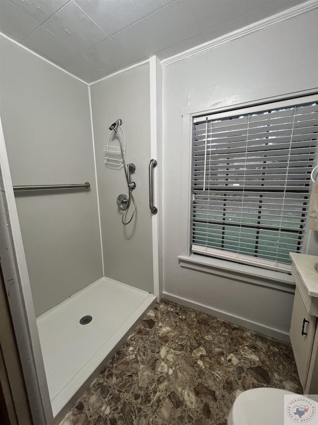 bathroom featuring toilet, walk in shower, and vanity