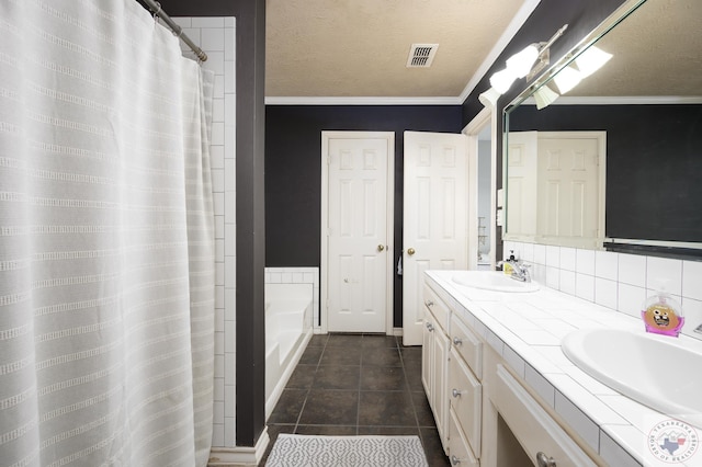 bathroom with tile patterned flooring, ornamental molding, a textured ceiling, vanity, and a shower with shower curtain