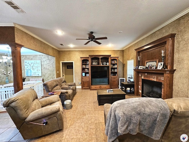 living room featuring visible vents, tile patterned flooring, a fireplace, recessed lighting, and a ceiling fan