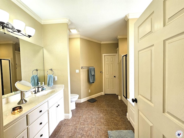 full bath featuring tile patterned flooring, ornamental molding, vanity, toilet, and a shower stall