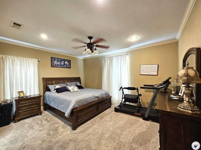 carpeted bedroom featuring visible vents, ornamental molding, ceiling fan, recessed lighting, and a textured ceiling