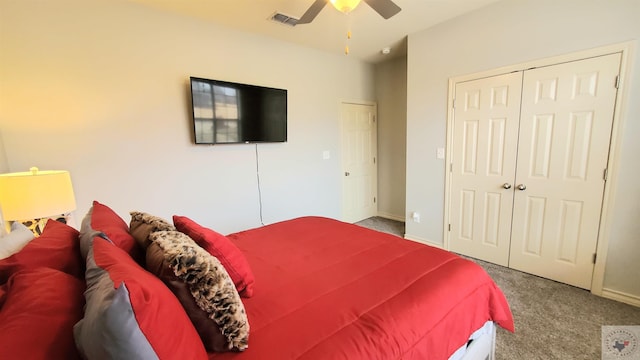 bedroom featuring carpet, ceiling fan, and a closet
