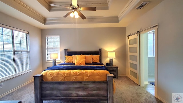 bedroom with a raised ceiling, a barn door, and carpet
