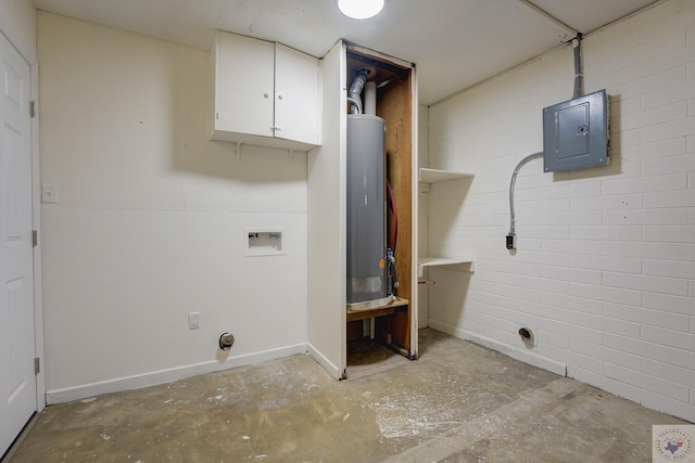 laundry room with electric panel, cabinets, and washer hookup