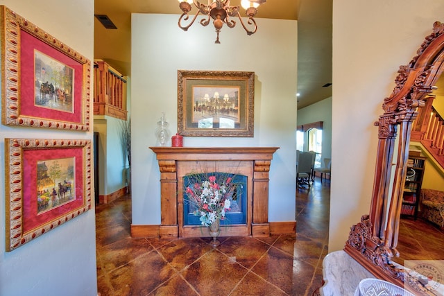 living room featuring a notable chandelier