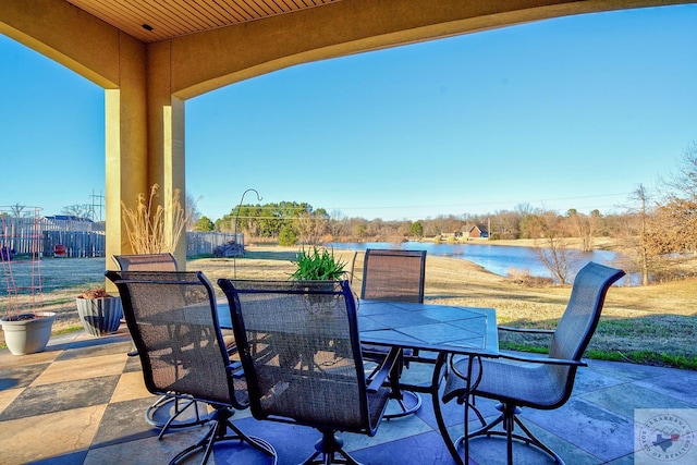 view of patio / terrace featuring a water view