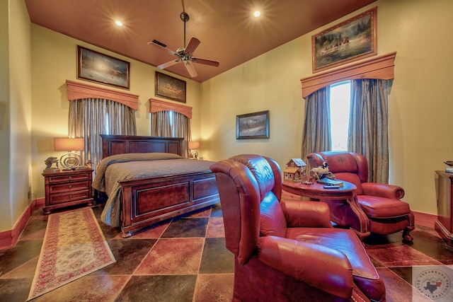 bedroom with ceiling fan and lofted ceiling