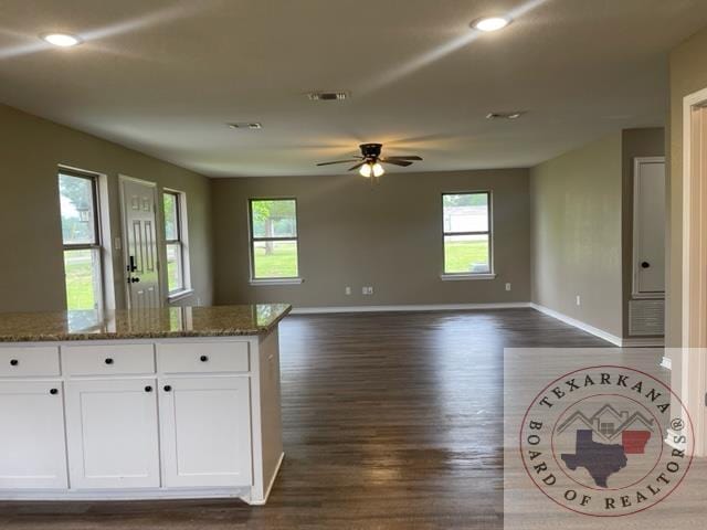 kitchen featuring dark stone counters, white cabinetry, ceiling fan, and dark hardwood / wood-style flooring