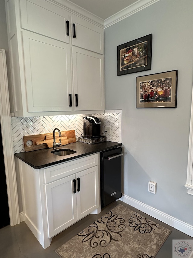 bar with crown molding, sink, white cabinetry, tasteful backsplash, and black dishwasher