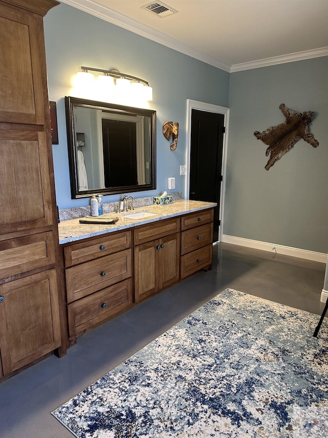 bathroom featuring vanity, crown molding, and concrete flooring