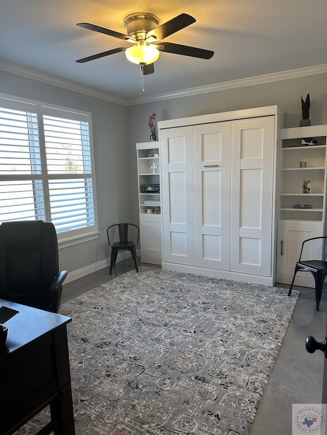 office space with ceiling fan and crown molding