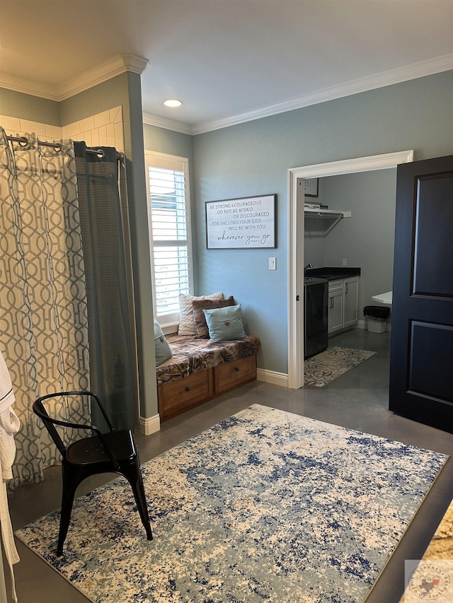 bathroom featuring ornamental molding and a shower with curtain