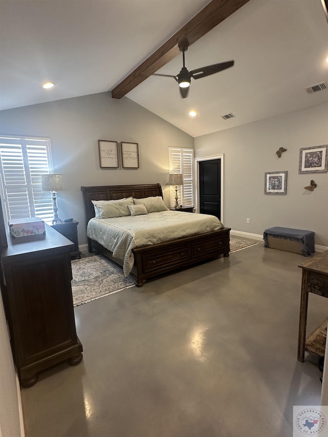 bedroom featuring ceiling fan, vaulted ceiling with beams, and concrete flooring