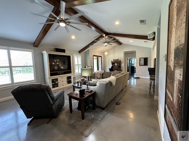 living room with concrete floors, lofted ceiling with beams, and ceiling fan