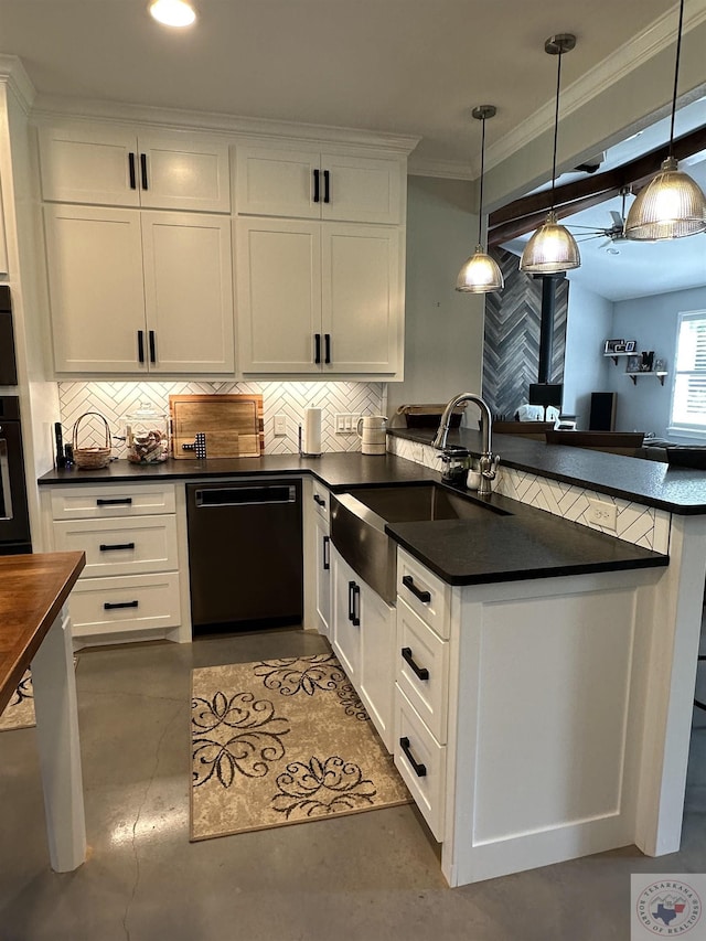 kitchen featuring kitchen peninsula, sink, white cabinets, black appliances, and decorative backsplash