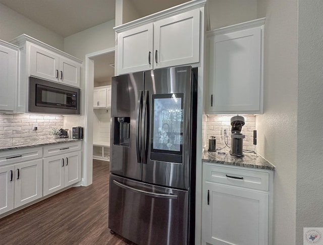 375 Fm 2149, New Boston, TX 75570 - kitchen with black microwave, white cabinetry, stainless steel fridge with ice dispenser, decorative backsplash, and dark wood finished floors