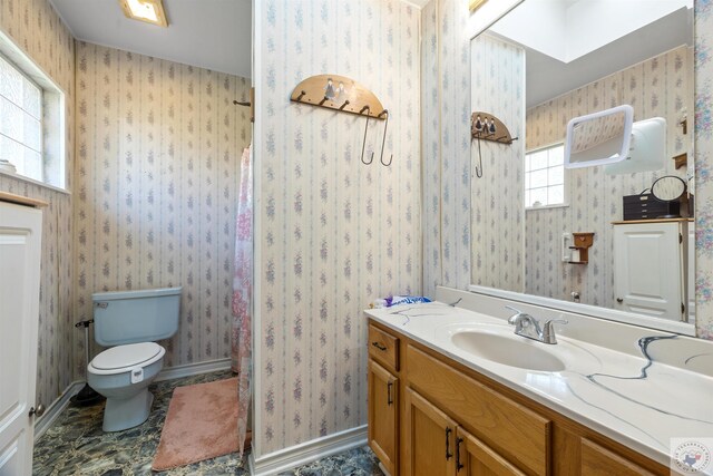 bathroom featuring vanity, a skylight, and toilet