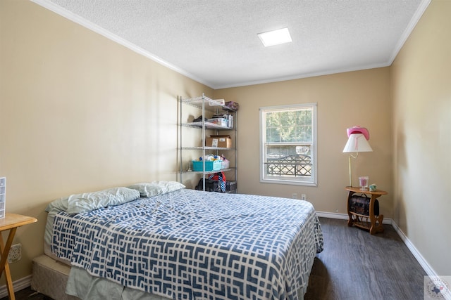 bedroom featuring crown molding, dark hardwood / wood-style floors, and a textured ceiling