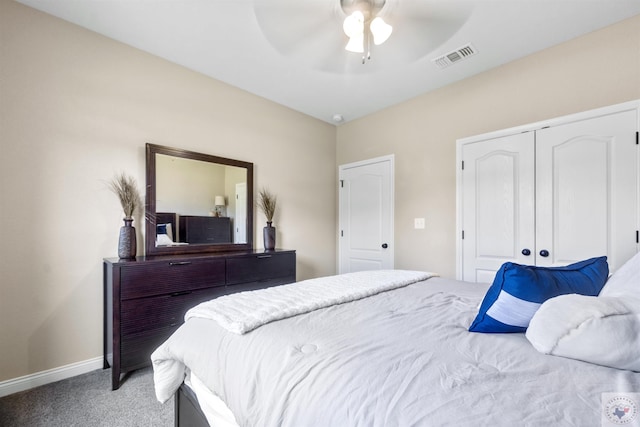 bedroom with carpet flooring, a closet, and ceiling fan