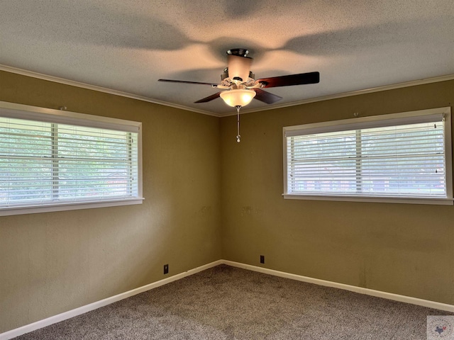 spare room with ceiling fan, a wealth of natural light, carpet, and ornamental molding