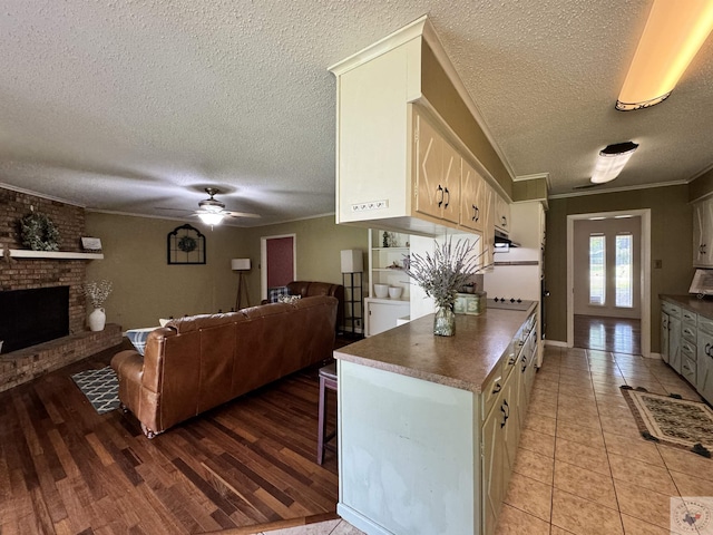 kitchen featuring crown molding, cream cabinets, a fireplace, and ceiling fan