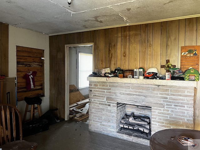 room details with wooden walls and a fireplace