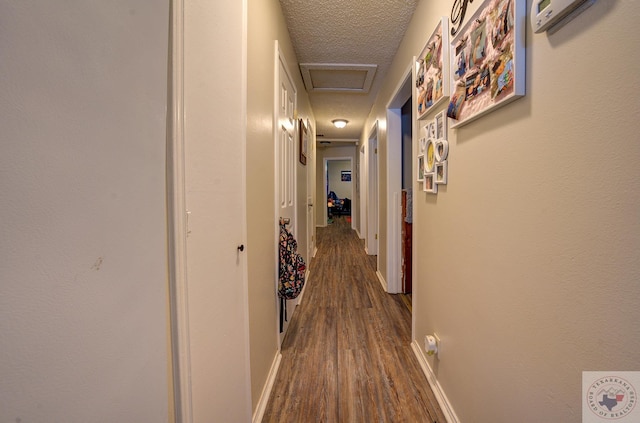 hall featuring a textured ceiling and dark hardwood / wood-style flooring