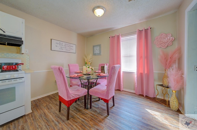 dining space featuring light hardwood / wood-style floors and a textured ceiling