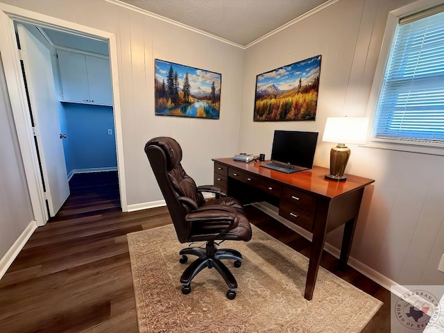 office area featuring ornamental molding, dark hardwood / wood-style floors, and a healthy amount of sunlight