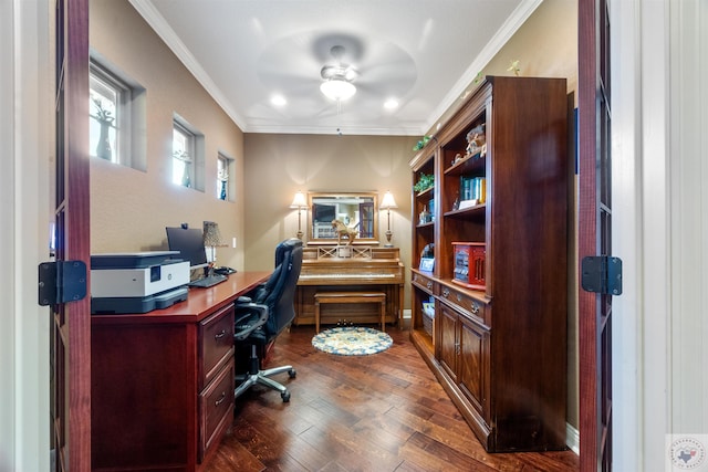 office space with ceiling fan, ornamental molding, and dark wood-type flooring