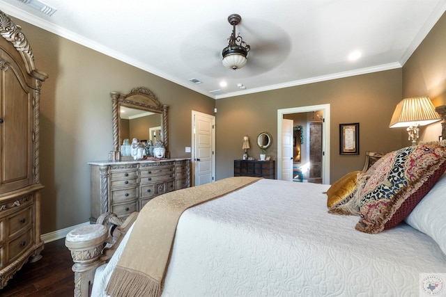 bedroom featuring dark wood-type flooring, ceiling fan, and ornamental molding