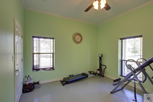 workout area with ceiling fan, a wealth of natural light, and crown molding