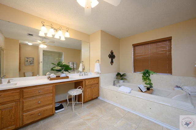 full bath featuring toilet, a garden tub, double vanity, tile patterned floors, and a ceiling fan