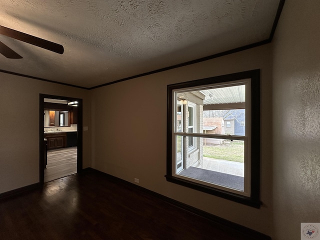 empty room with sink, crown molding, dark hardwood / wood-style floors, and a textured ceiling