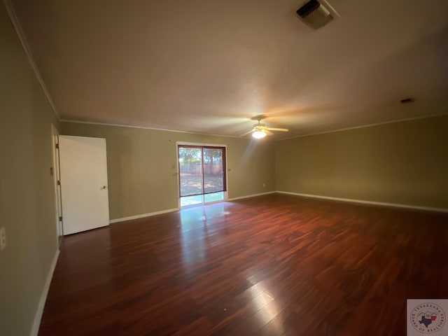 unfurnished room featuring crown molding, ceiling fan, and dark hardwood / wood-style flooring