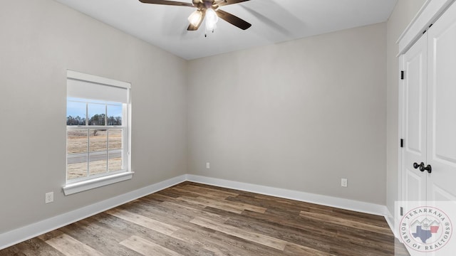 interior space with wood-type flooring, a closet, and ceiling fan