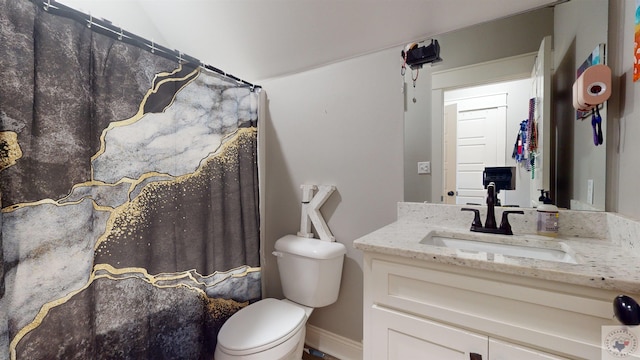 bathroom featuring vanity, toilet, and walk in shower