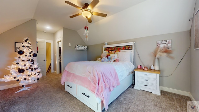 carpeted bedroom with ceiling fan and vaulted ceiling