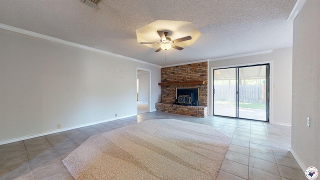 unfurnished living room featuring baseboards, tile patterned flooring, crown molding, visible vents, and ceiling fan