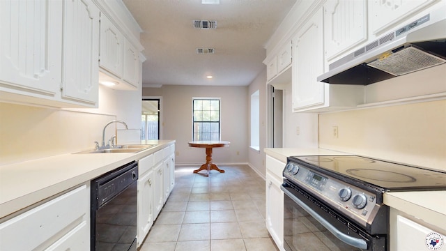 kitchen featuring black dishwasher, under cabinet range hood, visible vents, and electric stove