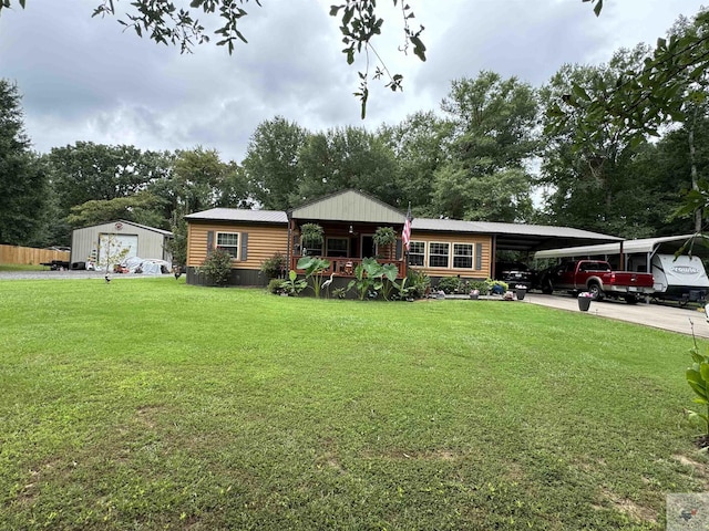 75 Westwood Ln, New Boston, TX 75570 - view of front facade with a porch, a carport, a front yard, and a shed