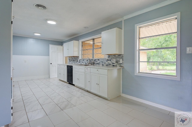 kitchen with sink, white cabinetry, ornamental molding, and tasteful backsplash