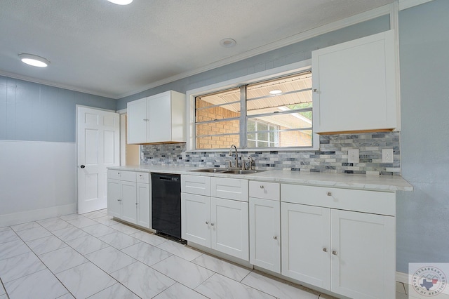 kitchen featuring black dishwasher, crown molding, white cabinetry, sink, and backsplash