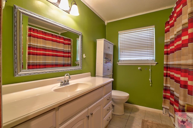 full bath with curtained shower, toilet, ornamental molding, vanity, and tile patterned floors