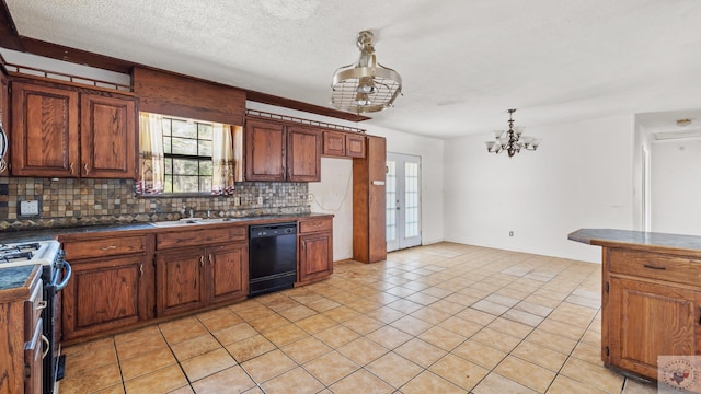 kitchen featuring a sink, stainless steel range oven, black dishwasher, dark countertops, and tasteful backsplash