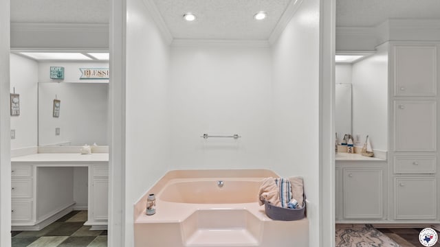 201 Larkspur Ln, Wake Village, TX 75501 - full bathroom featuring vanity, a garden tub, ornamental molding, recessed lighting, and a textured ceiling