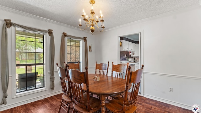 201 Larkspur Ln, Wake Village, TX 75501 - dining space with a chandelier, a textured ceiling, dark wood-style floors, and crown molding